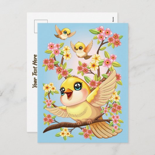 かわいい鳥と春の花 シーズンポストカード (正面/裏面)