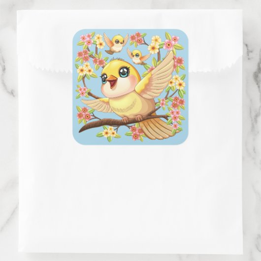 かわいい鳥と春の花 スクエアシール (バッグ)