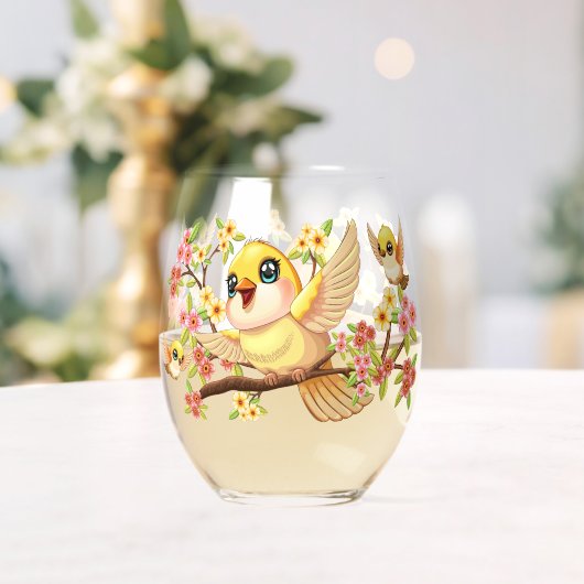 かわいい鳥と春の花 ステムなしワイングラス (インサイチュ (ウェディング))