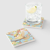 かわいい鳥と春の花 ストーンコースター (横)