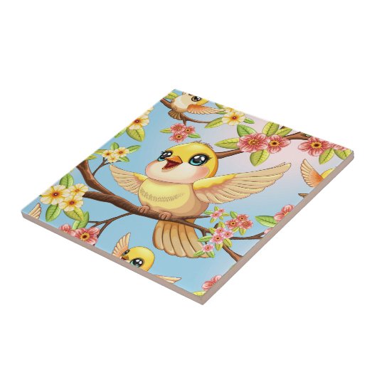 かわいい鳥と春の花 タイル (側面)