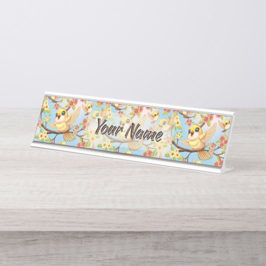 かわいい鳥と春の花 デスクネームプレート (正面)