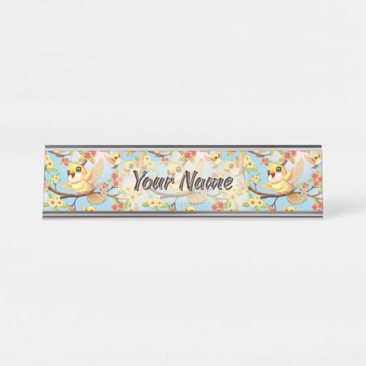 かわいい鳥と春の花 デスクネームプレート (正面)