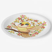 かわいい鳥と春の花 ペーパープレート (アングル)
