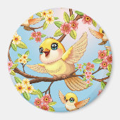かわいい鳥と春の花 マグネット (正面)
