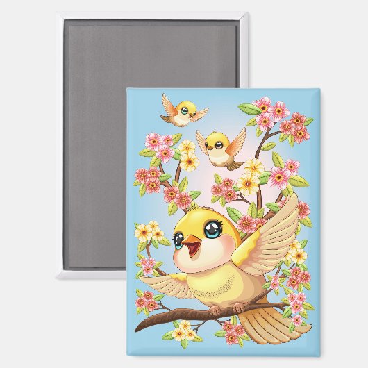 かわいい鳥と春の花 マグネット (正面/裏面)