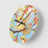 かわいい鳥と春の花 ラウンド壁時計 (傾斜)