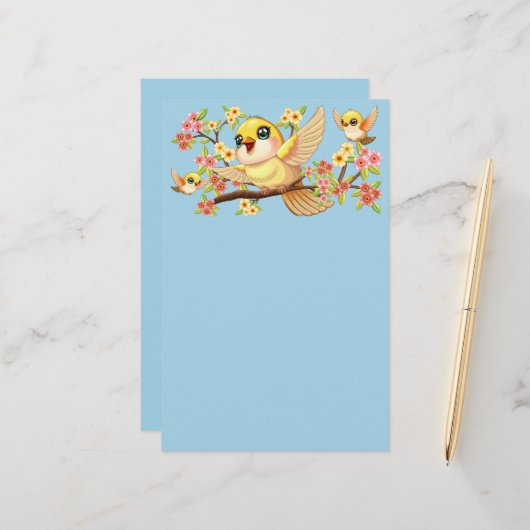 かわいい鳥と春の花 便箋 (正面/裏面インサイチュ)