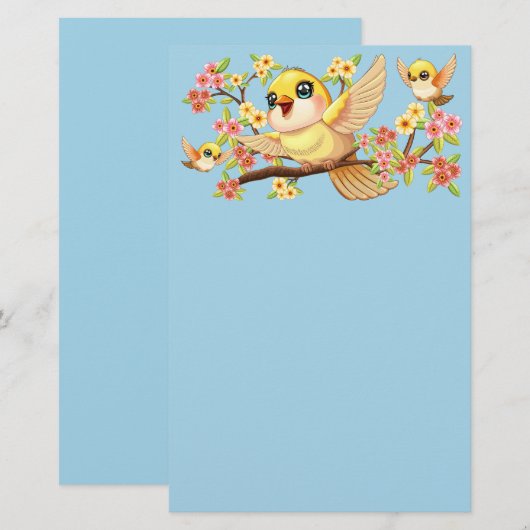 かわいい鳥と春の花 便箋 (正面/裏面)