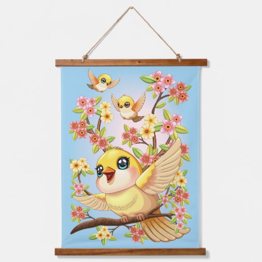 かわいい鳥と春の花 吊り下げ型タペストリー (正面)