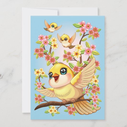 かわいい鳥と春の花 招待状 (正面)