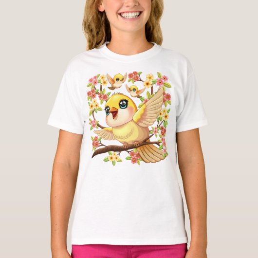 かわいい鳥と春の花 Tシャツ (正面)