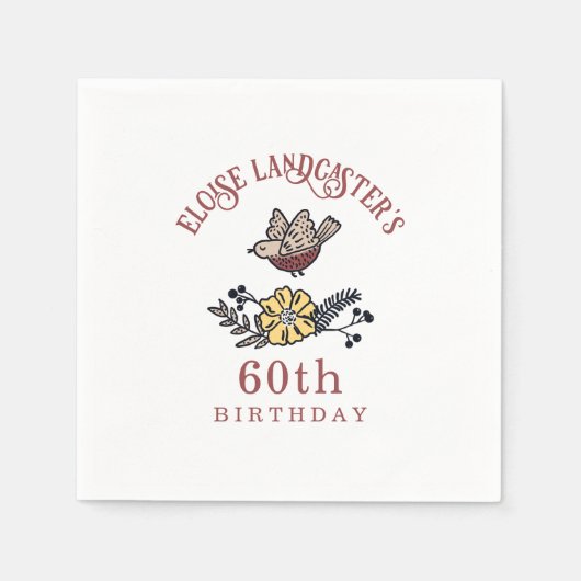 かわいい鳥と花のパーソナライズされた誕生日 スタンダードカクテルナプキン (正面)