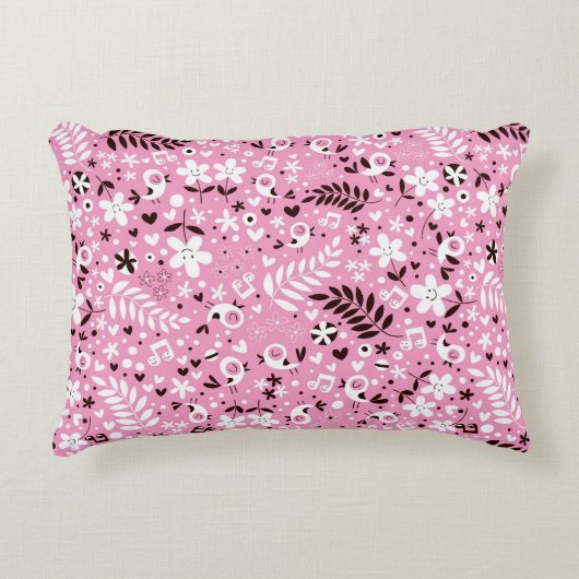 かわいい鳥と花のピンク色 アクセントクッション (正面)