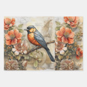 かわいい鳥と花のヴィンテージ ラッピングペーパーシート (正面)