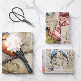 かわいい鳥と花のヴィンテージ ラッピングペーパーシート