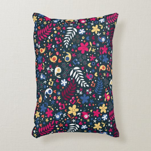 かわいい鳥と花の模様 アクセントクッション (正面(垂直))