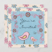 かわいい鳥と花ガールズベビーシャワー招待状 招待状 (正面/裏面)