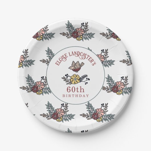 かわいい鳥と花パーソナライズされた60誕生日 ペーパープレート (正面)