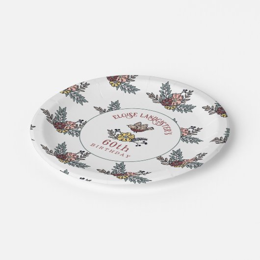 かわいい鳥と花パーソナライズされた60誕生日 ペーパープレート (アングル)