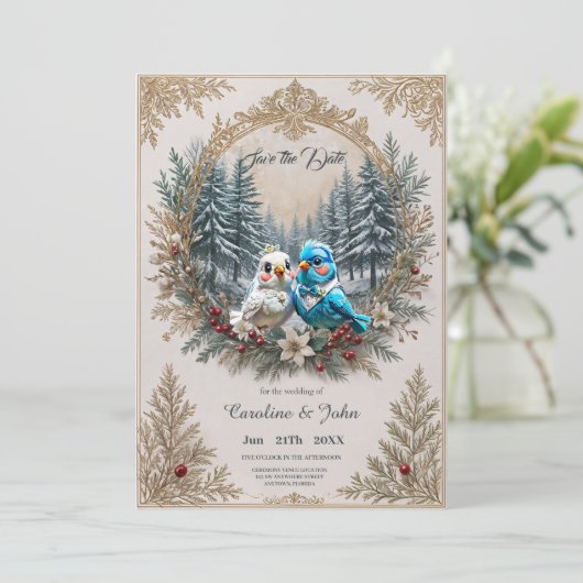 かわいい鳥のカップルと結婚冬の風景。 セーブザデート (スタンド正面)