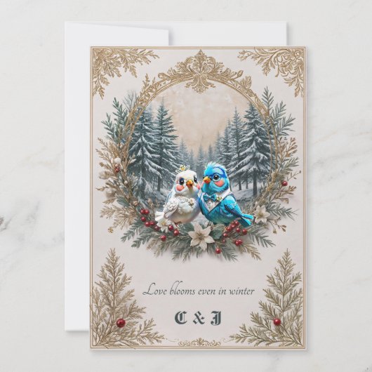かわいい鳥のカップルと結婚冬の風景。 招待状 (裏面)
