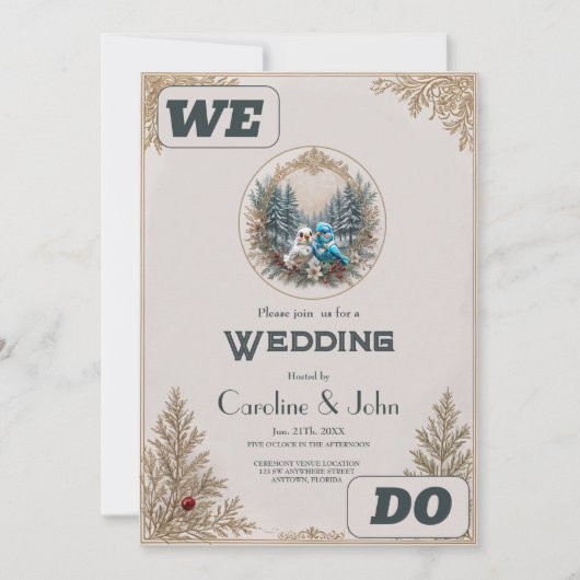 かわいい鳥のカップルと結婚冬の風景。 招待状 (正面)