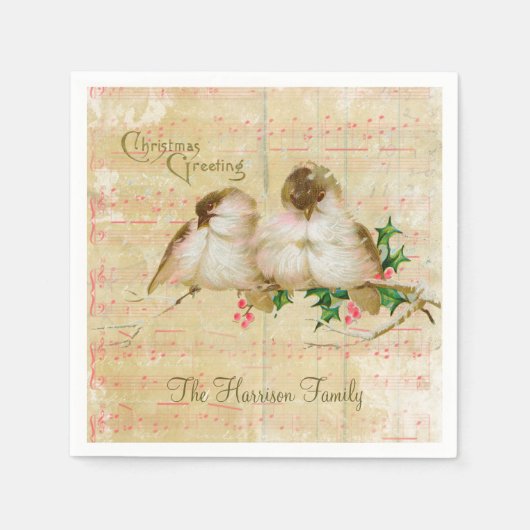 かわいい鳥のクリスマスが訪れるピンクのヴィンテージシート音楽 スタンダードカクテルナプキン (正面)