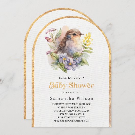 かわいい鳥のフローラ春赤ちゃんシャワー 招待状 (正面/裏面)