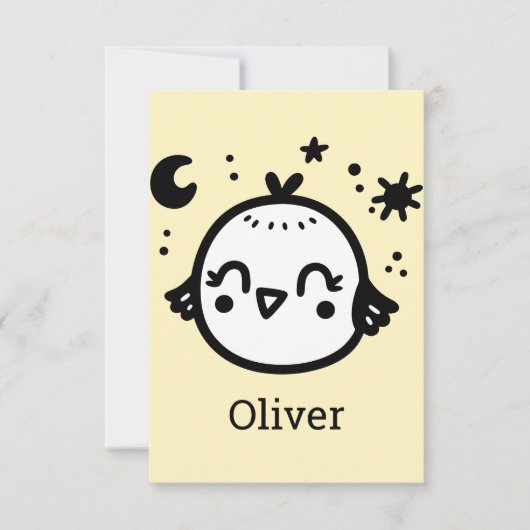 かわいい鳥のラインアート - 喜びに満ちた子鳥のイラスト サンキューカード (正面)