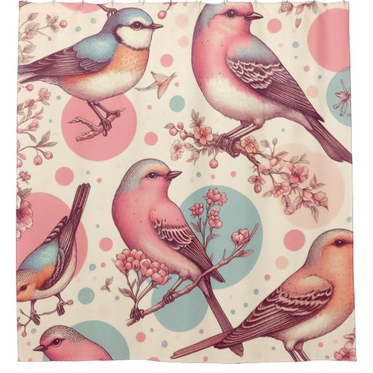 かわいい鳥のヴィンテージ絵画ズ シャワーカーテン (正面)