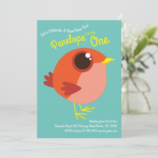 かわいい鳥の子どもたち1歳の誕生日パーティー 招待状 (スタンド正面)