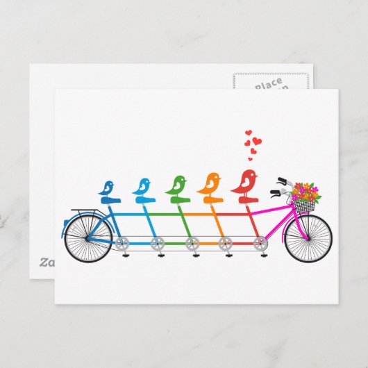 かわいい鳥の家族とカラフルのタンデム自転車 ポストカード (正面/裏面)