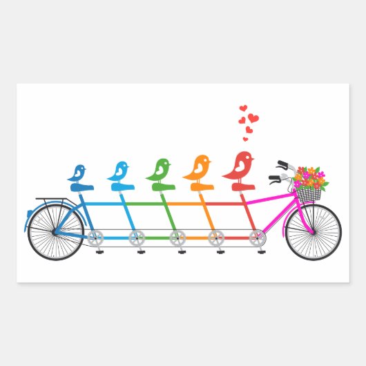かわいい鳥の家族とカラフルのタンデム自転車 長方形シール (正面)