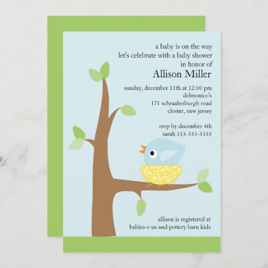 かわいい鳥の巣の男の赤ちゃんのベビーシャワー 招待状 (正面/裏面)