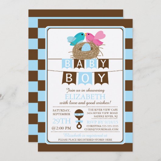 かわいい鳥の巣ボーイズ赤ちゃんシャワー招待状 招待状 (正面/裏面)