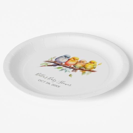 かわいい鳥の木の枝に赤ちゃんシャワー ペーパープレート (アングル)