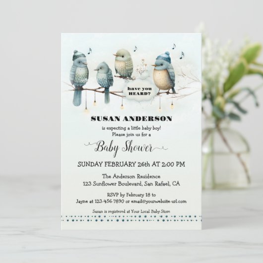 かわいい鳥の歌芸術的赤ちゃんシャワー 招待状 (スタンド正面)