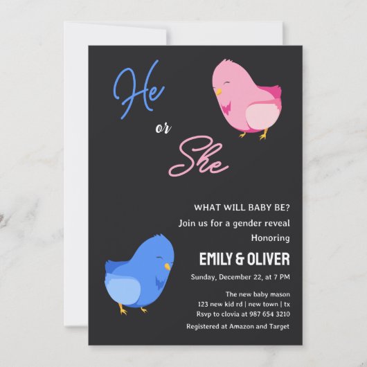 かわいい鳥の男の子または女の子のジェンダーがパーティーinvitati 招待状 (正面)