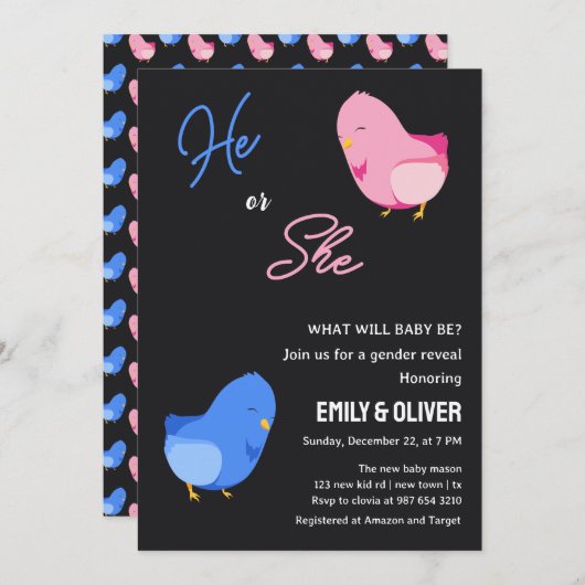 かわいい鳥の男の子または女の子のジェンダーがパーティーinvitati 招待状 (正面/裏面)