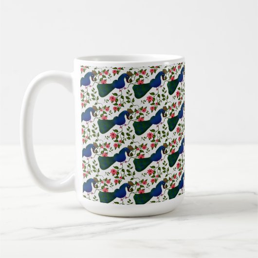 かわいい鳥の花柄 | カラフルな青い鳥と コーヒーマグカップ (左)