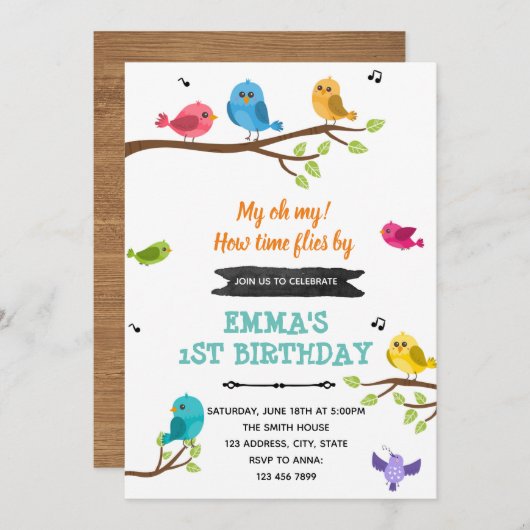 かわいい鳥の誕生日の招待 サンキューカード (正面/裏面)
