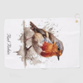 かわいい鳥の赤いロビン水色、カスタマイズ可能 ゴルフタオル (横)