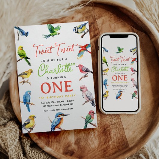 かわいい鳥の1歳誕生日パーティー 招待状