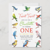 かわいい鳥の1歳誕生日パーティー 招待状 (正面)