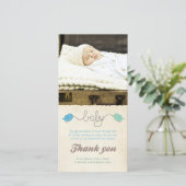 かわいい鳥はノートの男の赤ちゃんの写真テンプレート感謝していしています サンキューカード (スタンド正面)