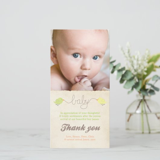 かわいい鳥はベビーの写真カードテンプレート感謝していしています サンキューカード (スタンド正面)