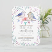 かわいい鳥カップルピンクのフローラ結婚ツリー 招待状 (スタンド正面)