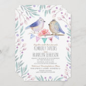 かわいい鳥カップルピンクのフローラ結婚ツリー 招待状 (正面/裏面)
