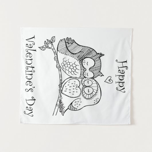 かわいい鳥カップル愛ふくろうロマンスラインアートNo 1/3 タペストリー (正面(横))